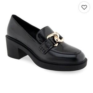 Aerosoles Gibbon Black Platform Block Heel Loafers Gold Chain Link Mens Size 10M